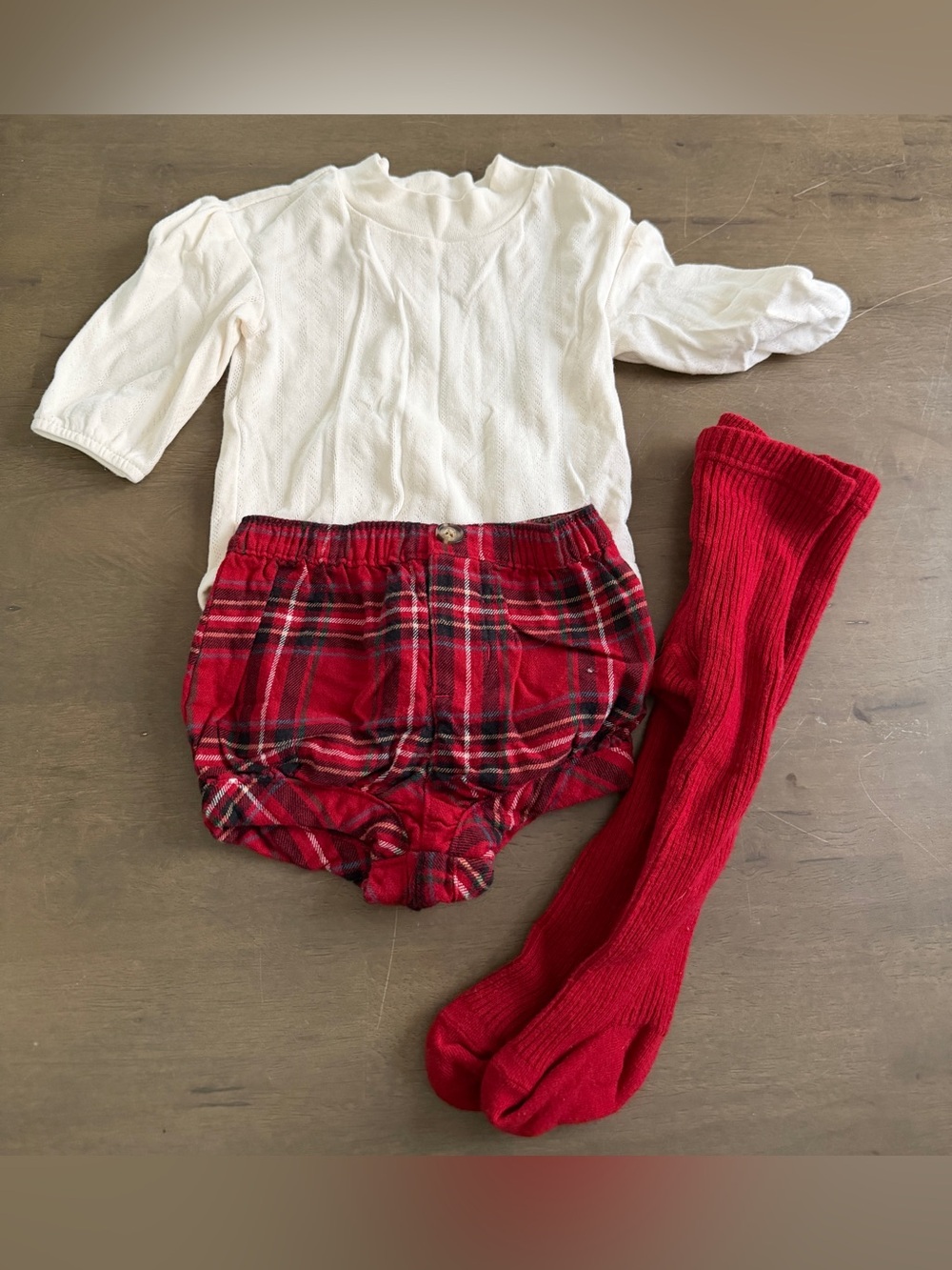 3pc Baby Girl Festive Red Plaid Bloomer & Red Tights Set with White Eyelet Top